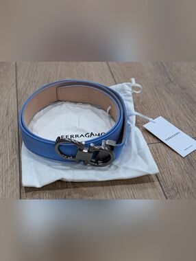 $550 Salvatore Ferragamo Gancini Suede Belt Blue Naturale 95 US 38